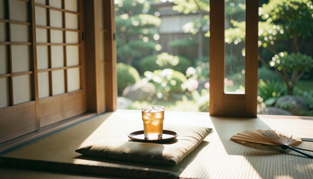 夏の縁側と麦茶のイメージ画像